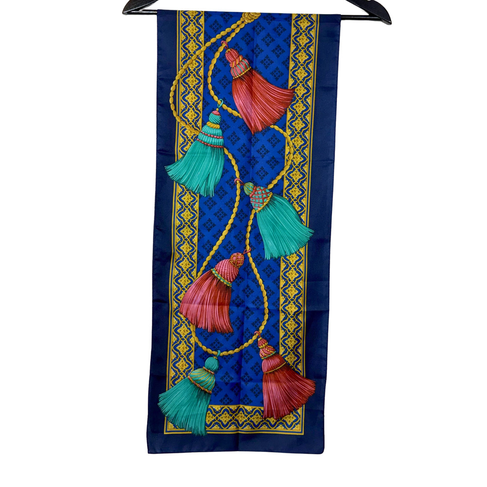 Vintage Scarf Rectangle 60s AVON Made in Italy Tassel Teal Burgundy Gold Blue